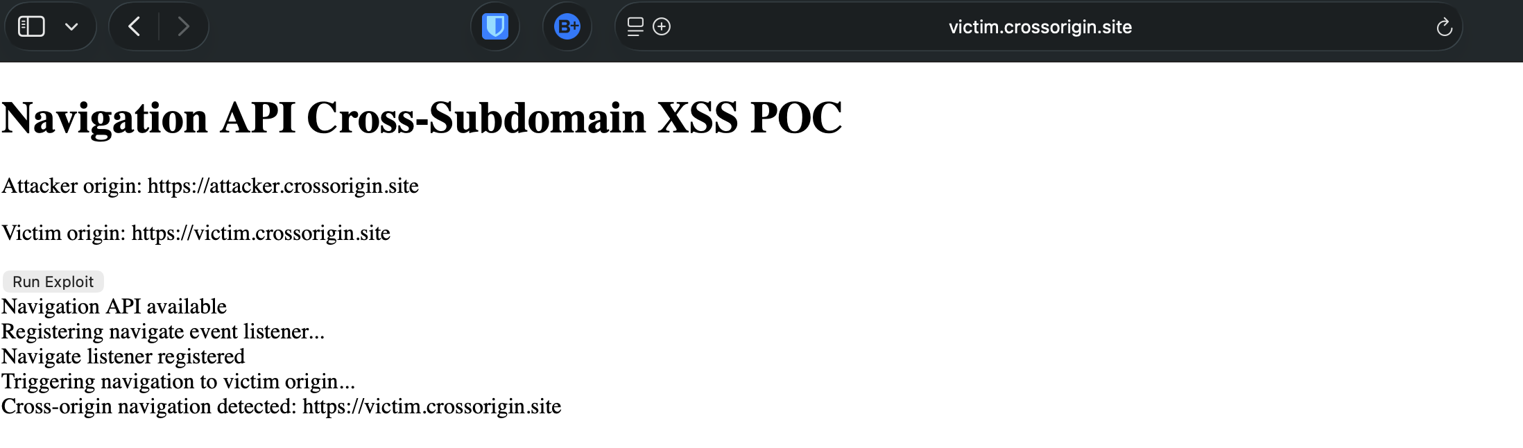 Safari address bar showing victim.crossorigin.site while displaying attacker content and cross-origin navigation debug output