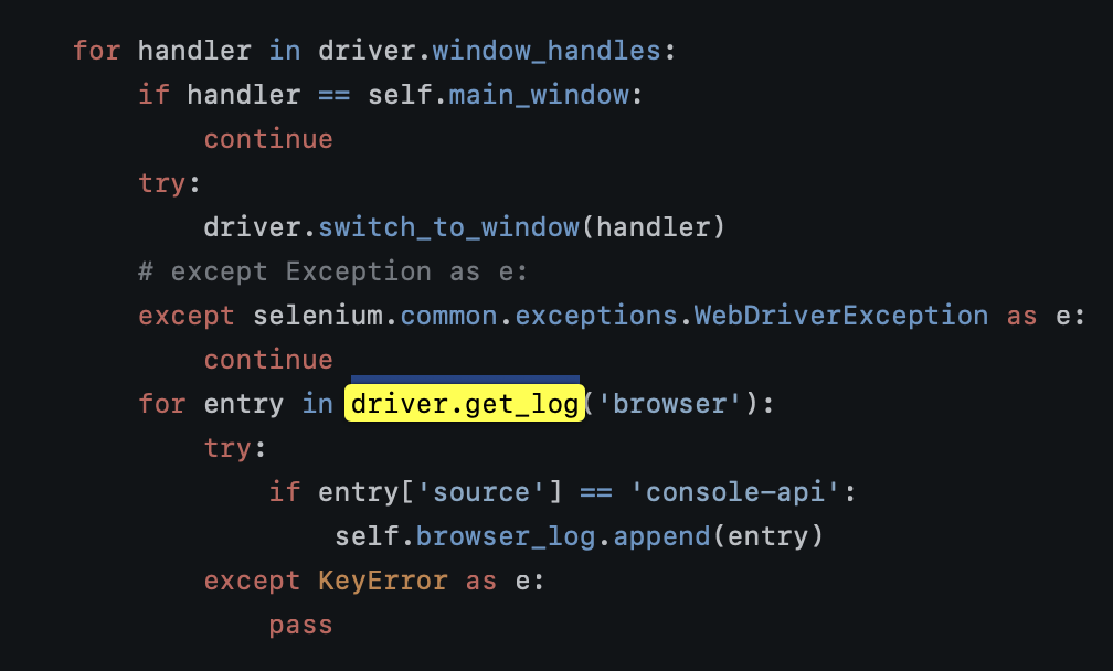 FuzzOrigin source code with driver.get_log highlighted