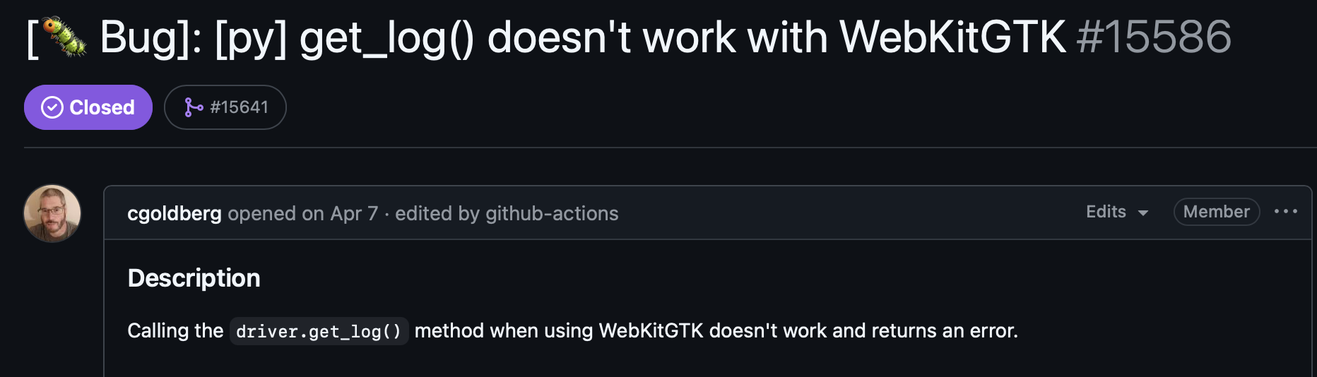 GitHub issue: get_log() doesn't work with WebKitGTK