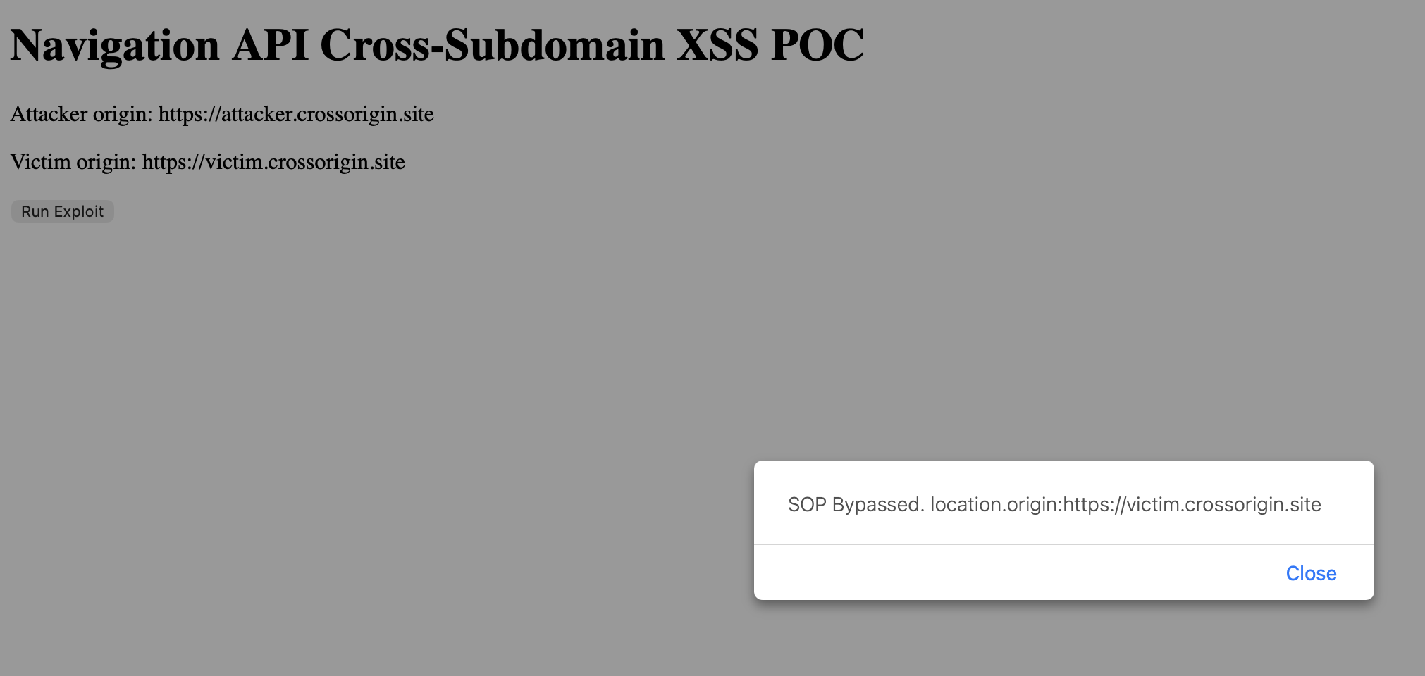 Alert box showing 'SOP Bypassed. location.origin:https://victim.crossorigin.site' triggered from the attacker origin