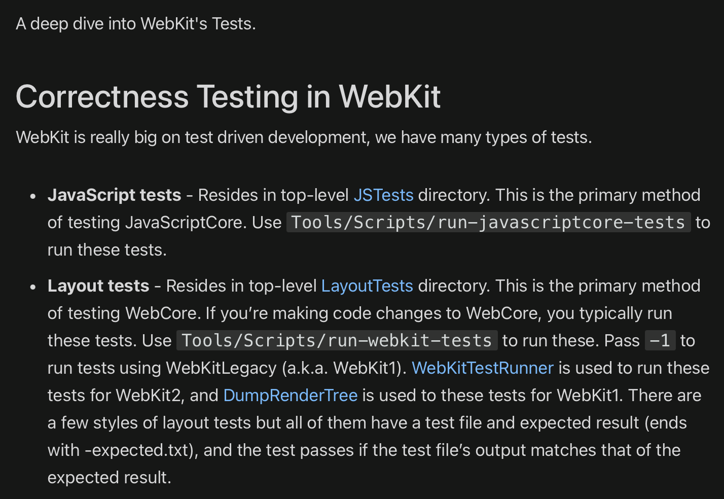 WebKit documentation on LayoutTests and the test runner infrastructure